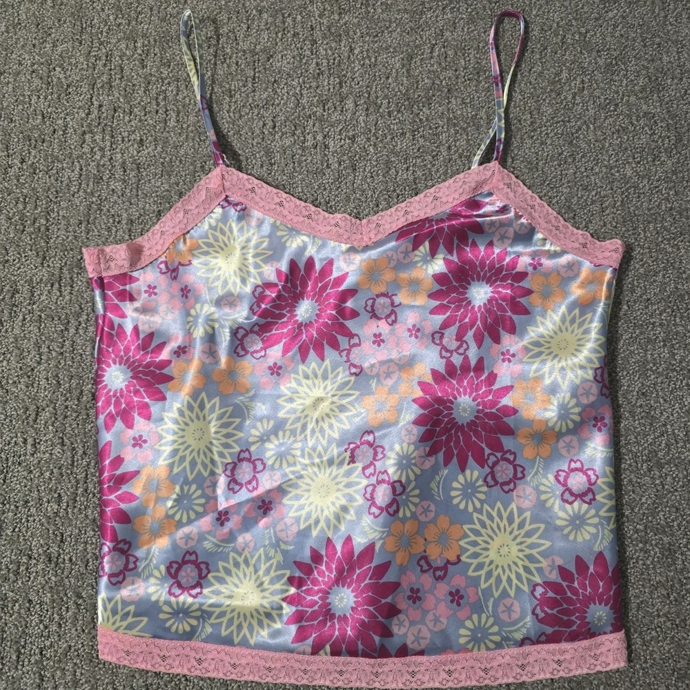 Vintage Rampage Satin Floral Cami Lace Trim Y2K Crop Top Coquette Slip Size L